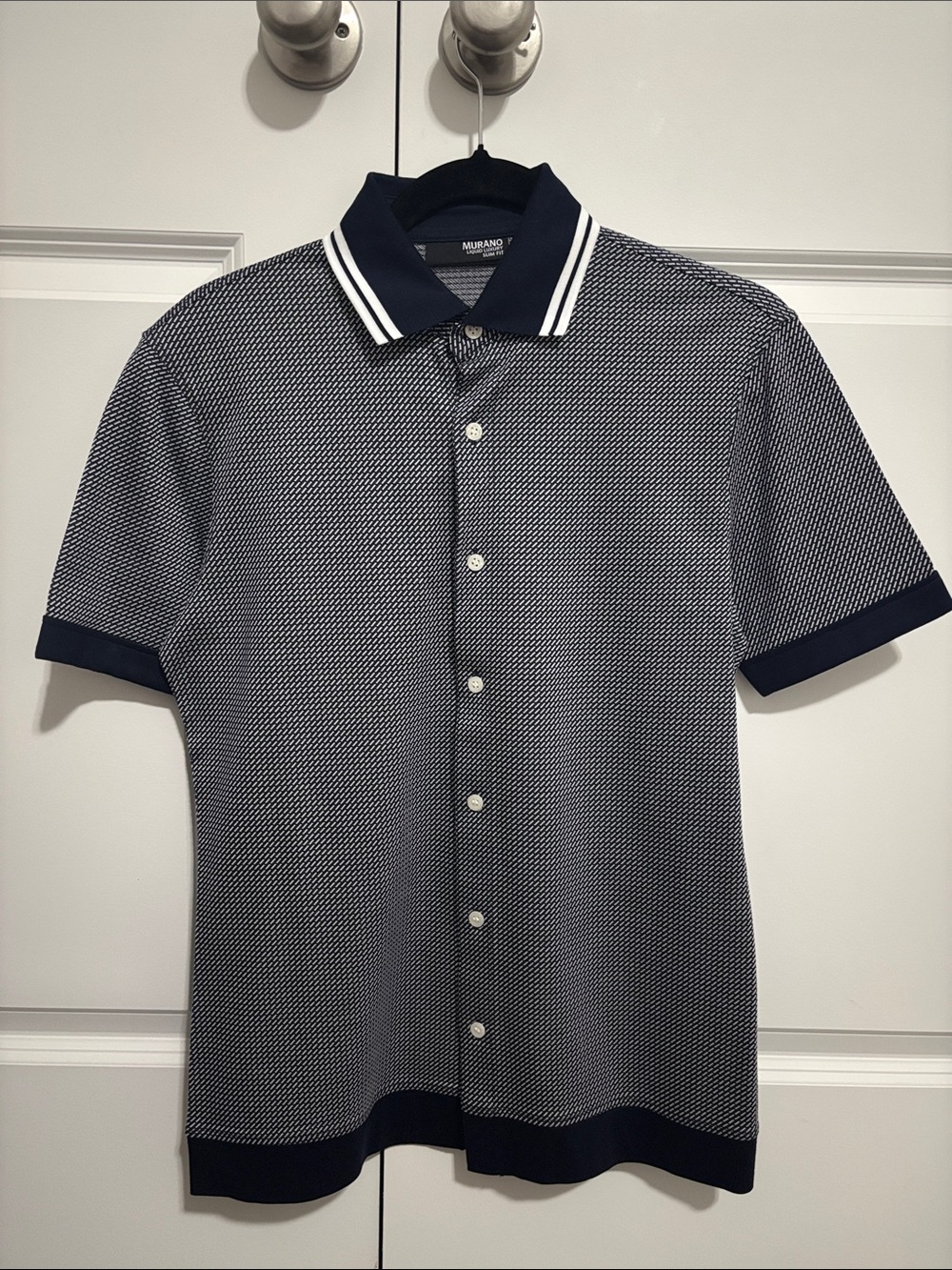 Murano Navy and White Micro-Pattern Short-Sleeve Polo Size S 100% Cotton